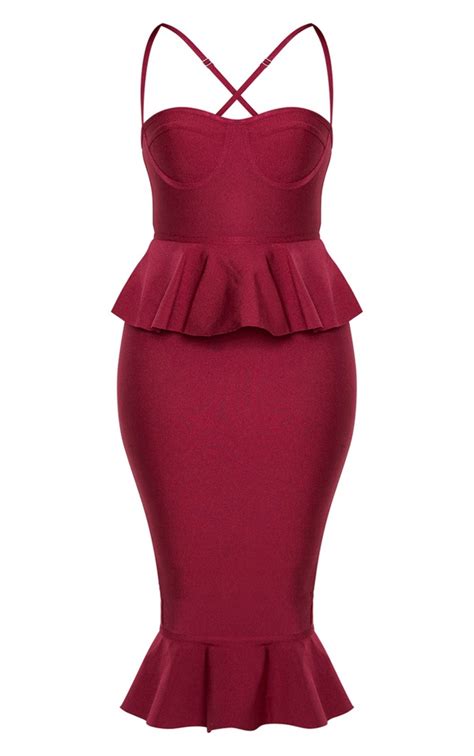 Berry Strappy Peplum Frill Hem Bandage Midi Dress Prettylittlething Ire