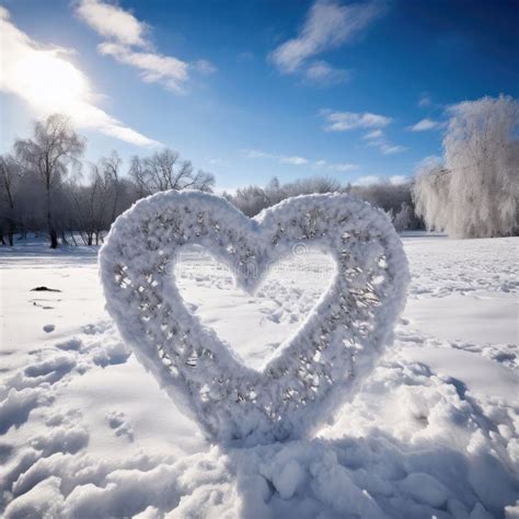 Valentines Day Snow Heart On A Snowy Field With Forest On Background