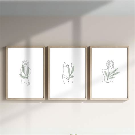 Naked Woman Line Art With Sage Green Leaves Set Of 3 Minimalist Female