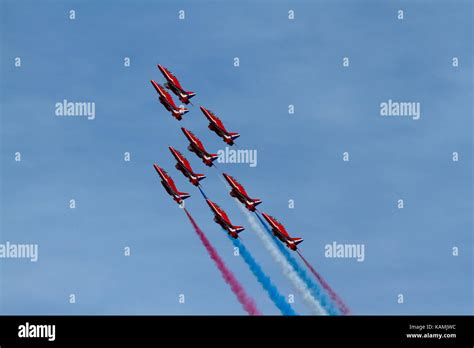 Red Arrows Air Display Team Raf Hawk Jets Airshow Aviation Hi Res Stock