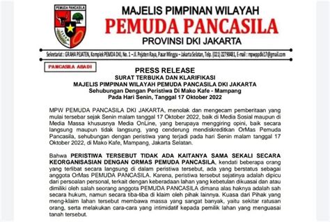 Mpw Pemuda Pancasila Dki Kecam Berita Peristiwa Di Mako Cafe