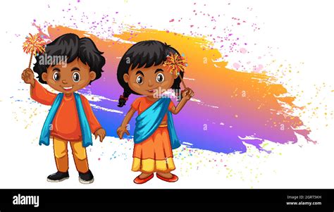 Indian Boy And Girl Playing Fireworks On Colorful Background Stock