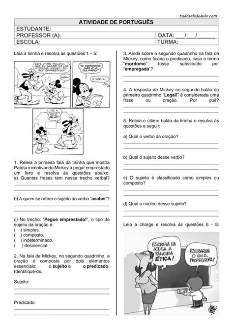 Atividade Sujeito E Predicado Tudo Sala De Aula Pdf In