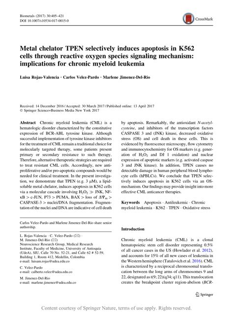 Metal Chelator TPEN Selectively Induces Apoptosis In K562 Cells Through