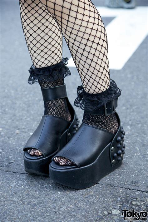 Punky Harajuku Girl In Nude N Rude Fishnets Studded Platforms