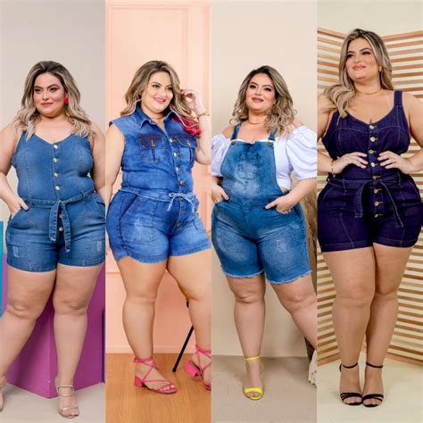 Jardineira Short Macaquinho Jeans Plus Size Feminina Lycra Shopee Brasil