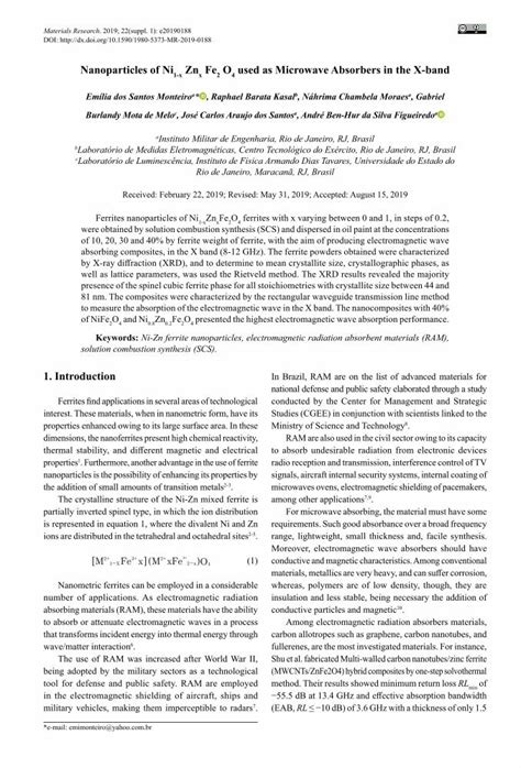 Pdf Nanoparticles Of Ni Zn Fe O Used As Microwave Absorbers In The