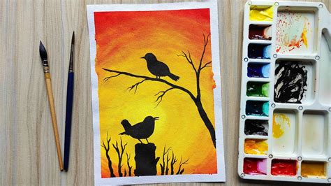 Easy Birds Watercolor Painting Sunset Landscape For Beginners Draw