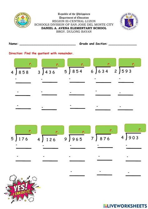 Dividing 3 Digits By 1 Digit With Remainder Worksheet Live Worksheets Library