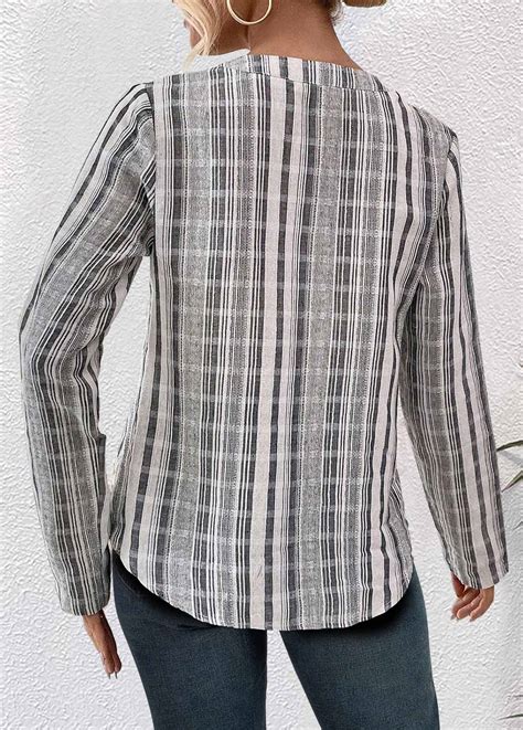 Rotita Patchwork Striped Light Grey Split Neck Long Sleeve Blouse