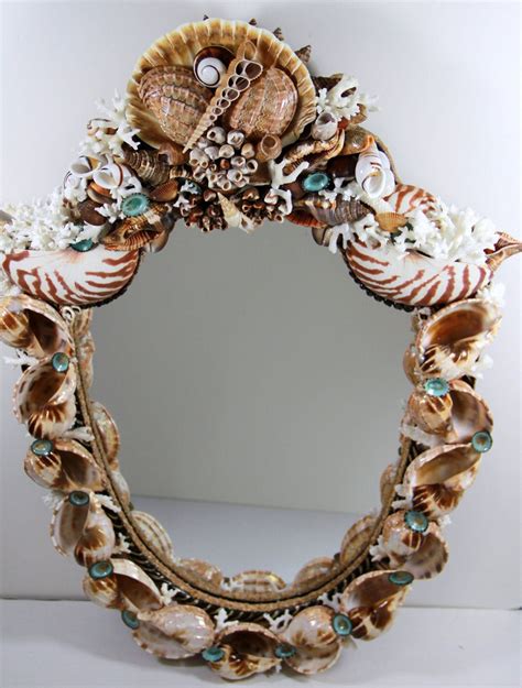 Home Decor Shield Shaped Seashell Mirror With White Coral Coquina