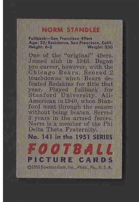 Sportlots Auctions 1951 Bowman Norm Standlee 141 49ers