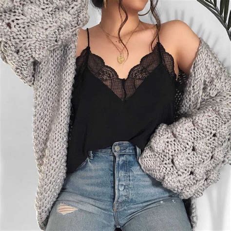 Lace Trimmed V Neck Swing Spaghetti Cami Top Fashion Clothes Women