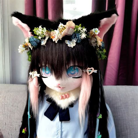 Floral Black Kitty Fursuit Mask Kigurumi Cat Cosplay Head Festival