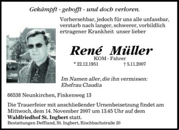 Traueranzeigen Von Ren M Ller Saarbruecker Zeitung Trauer De