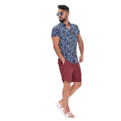 Camisa Floral Masculina Manga Curta Barata Praia Social Slim Ful