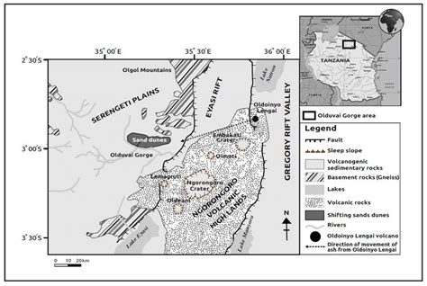 The geological map of the Olduvai Gorge area [Note the position of... | Download Scientific Diagram