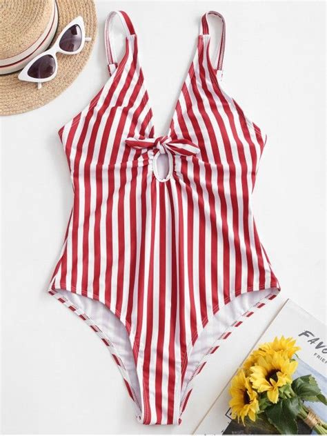 [38 Off] 2020 Zaful Striped Knot Plunge One Piece Swimsuit In Red