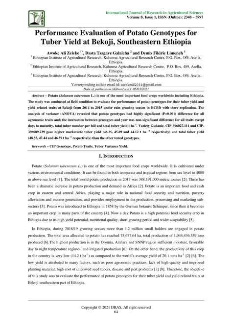 Pdf Performance Evaluation Of Potato Genotypes For Tuber Yield At