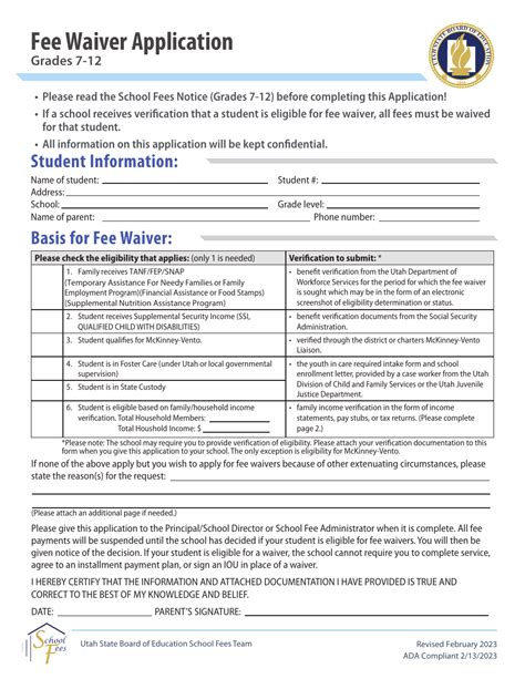 Utah Fee Waiver Application Grades 7 12 Fill Out Sign Online And