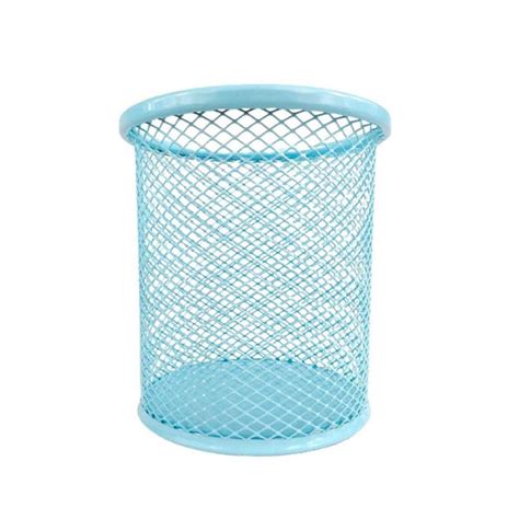 A Blue Trash Can With Mesh Netting On The Top And Bottom In Front Of A