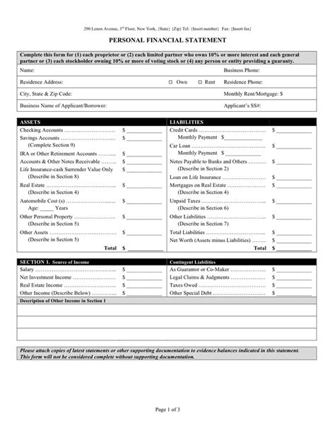 Personal Financial Statement Form In Word And Pdf Formats