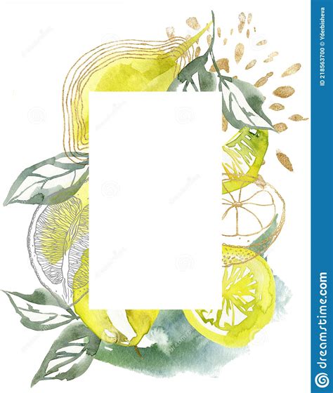 Watercolor Abstract Frame Of Ripe Lemons Gold And Linear Leaves Hand