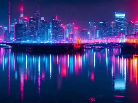 Premium Ai Image Neon City Lights Reflecting On Water