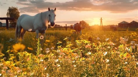 Premium AI Image | animals on wild field at sunset in countryside