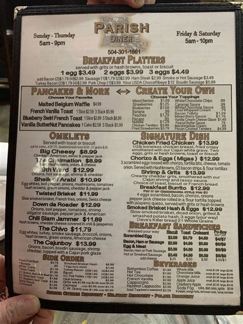 Menu at Parish Diner restaurant, Chalmette