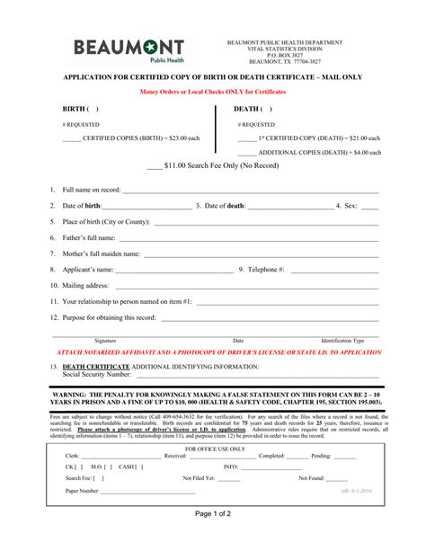 City of Beaumont, Texas Application for Certified Copy of Birth or ...