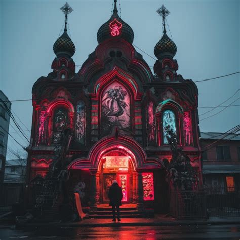 Um homem está parado em frente a uma igreja uma luz rosa acesa