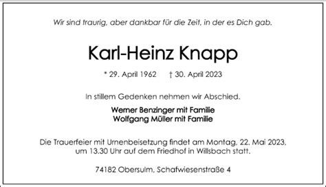 Traueranzeigen Von Karl Heinz Knapp Trauerundgedenken De