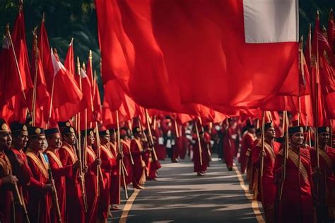 Premium Photo | A parade of men in red uniforms with red flags and a ...