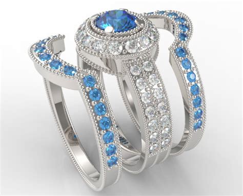 Filligree Fancy Blue Diamond Trio Wedding Ring Set | Vidar Jewelry ...