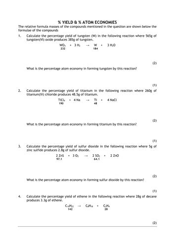 Percentage Yield And Atom Economy Calculations Teaching Resources