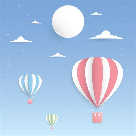 Premium Vector | Colorful balloon in the sky and moon paper art