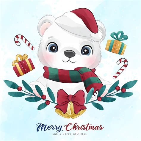 Premium Vector Adorable Polar Bear Merry Christmas With Watercolor