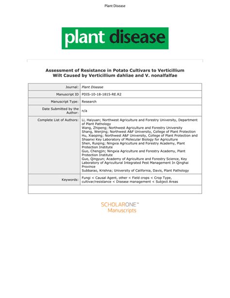 PDF Assessment Of Resistance In Potato Cultivars To Verticillium Wilt