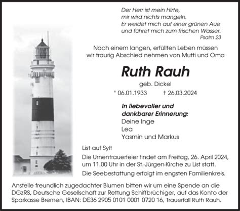 Traueranzeigen Von Ruth Rauh 57trauer De