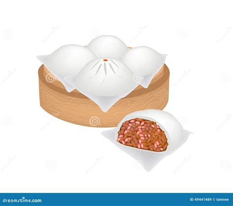 Chinese Steamed Pork Bun On Bamboo Basket Stock Vector Illustration Of Pork Mantou 49441489