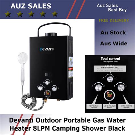 Devanti Outdoor Portable Gas Water Heater 8lpm Camping Shower Black Auz Sales Online