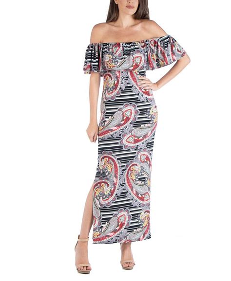 24seven Comfort Apparel Off Shoulder Paisley Stripe Maxi Dress With