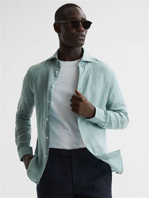 Linen Long Sleeve Shirt In Aquamarine Reiss