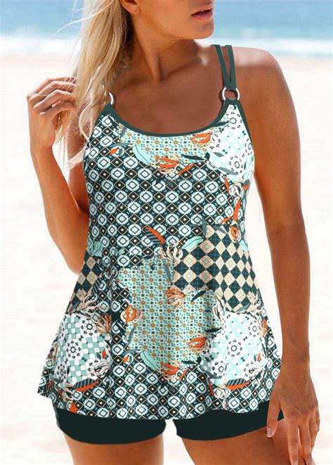 Mid Waisted Tribal Print Circular Ring Green Tankini Set Rosewe