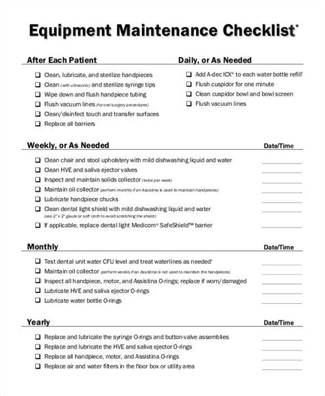 Maintenance Checklist 25 Examples Format Pdf