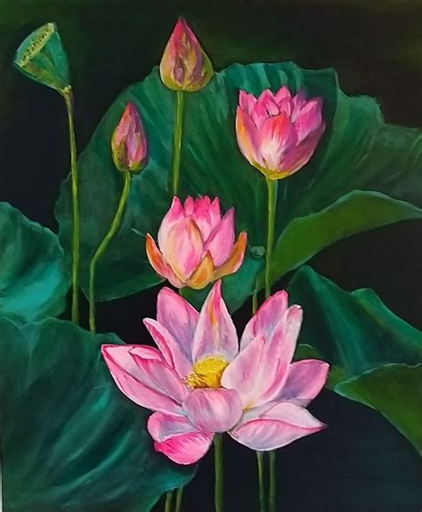 Pink Water Lilies Acrylic Painting