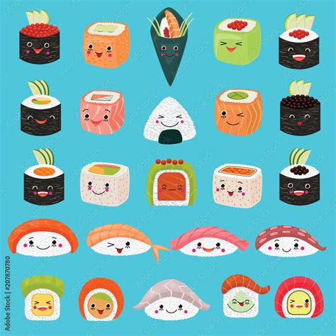 Kawaii Food Vector Emoticon Japanese Sushi Character And Emoji Sashimi