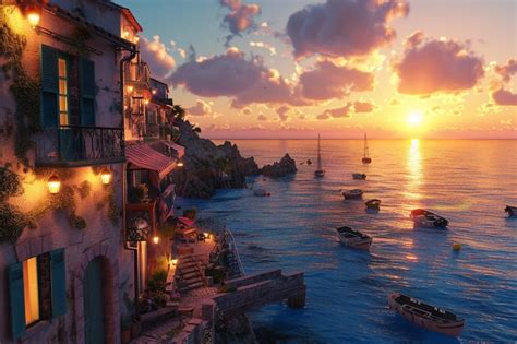 Premium Photo | A charming seaside village at sunset
