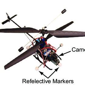 Helicopter platform showing the onboard camera and reflective markers ...